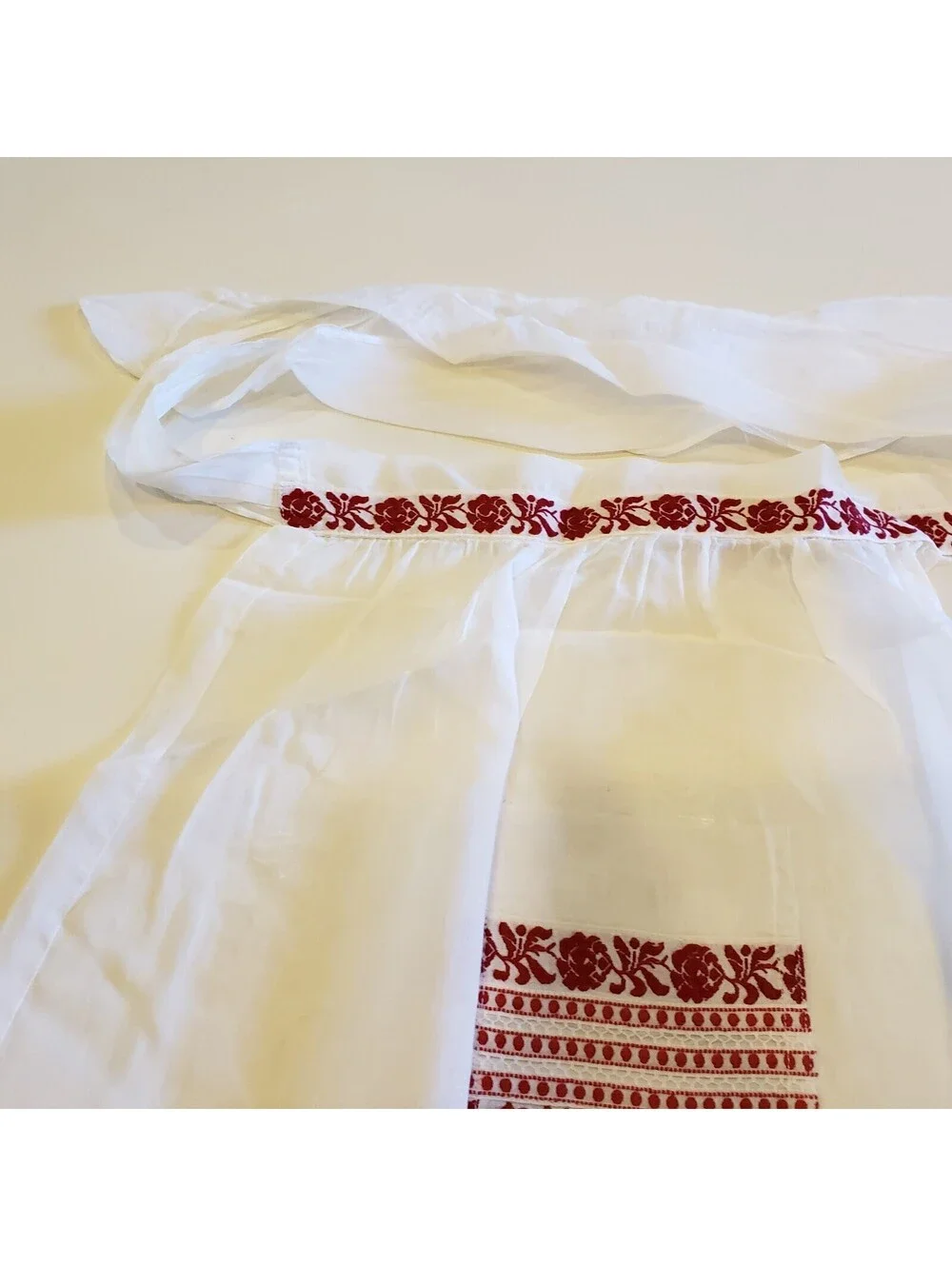 Vintage Chiffon Apron Red Woven Ribbon Lace Accents Pocket Kitsch Organdy